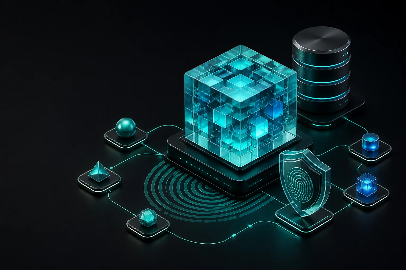 Abstract browser-side UUID architecture with an encrypted data cube, database stack and privacy shield
